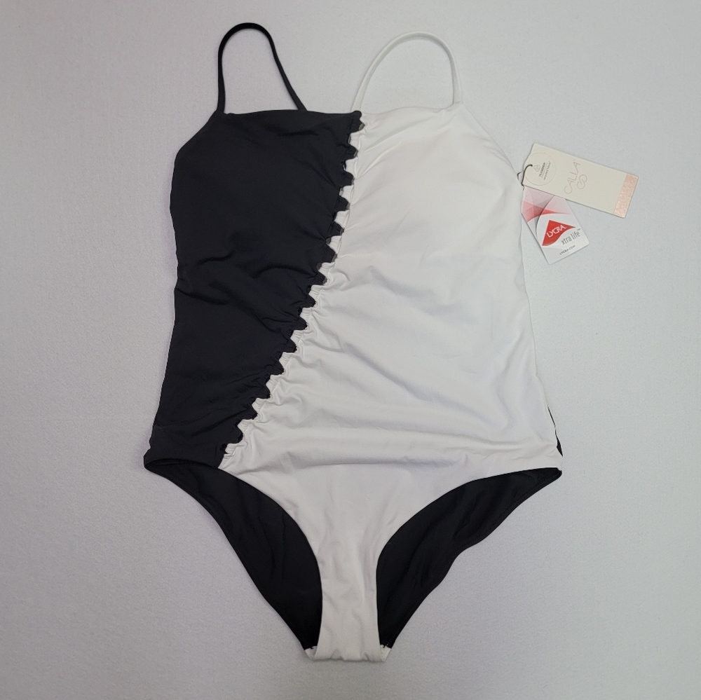 CALIA One Piece Swimsuit Women's Black White Colorblock Ruched NWT Size 10